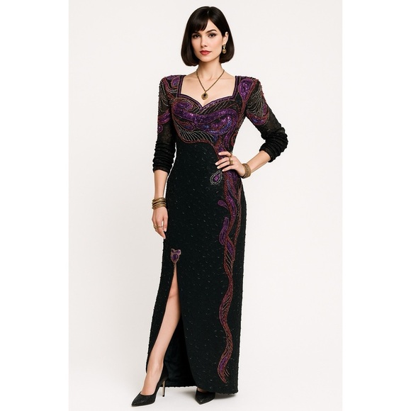 Vintage Alyce Designs Beaded Sequin Dress Black Purple Long Sleeve Evening Gown - Picture 1 of 12